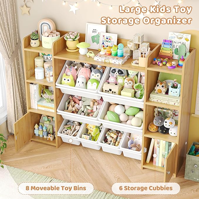 FOTOSOK 55''Large Toy Storage Organizer with 8 Toy Bins, Toy Organizers and Storage with Shelf and 6 Storage Cubbies, Bookshelf for Kids, Playroom Organization and Storage Bins, Natural