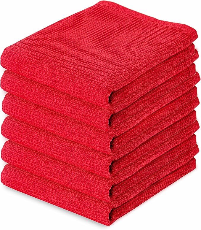 PurpleEssences Waffle Weave Kitchen Towel, 100% Cotton - 15 x 25 Inches, with Hanging Loop Ultra Soft Absorbent Quick Drying Dish Cloth, Tea and Hand Towels, 6 Pack - Fall Thanksgiving - Red