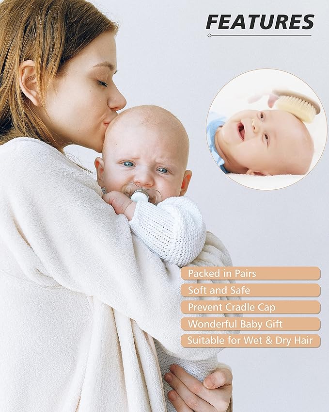 Baby Hair Brush, 2 Pcs Baby Hair Brush with Wooden Handle, Natural Soft Goat Bristles Cradle Cap Brush for Newborns & Toddlers