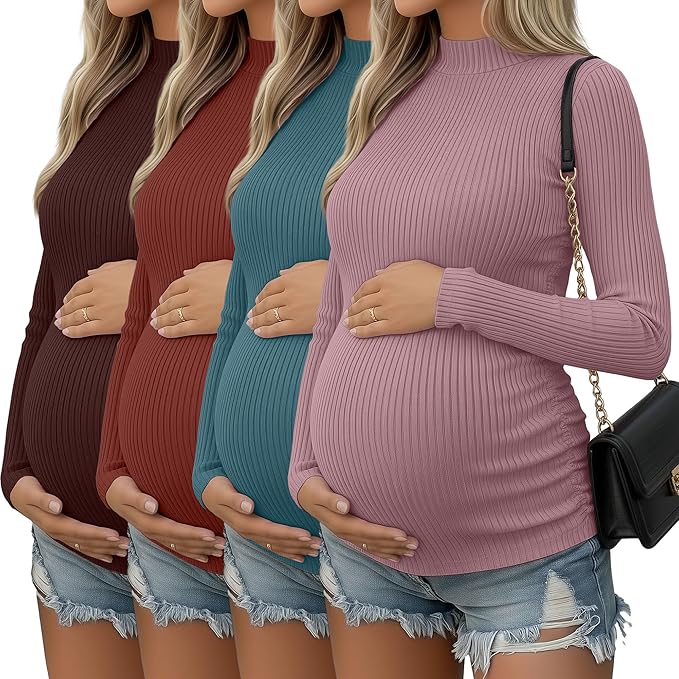 4 Packs Womens Maternity Shirts Long Sleeve Cotton Ribbed Pregnancy Mock Neck Side Ruched Workout Tops for Mama