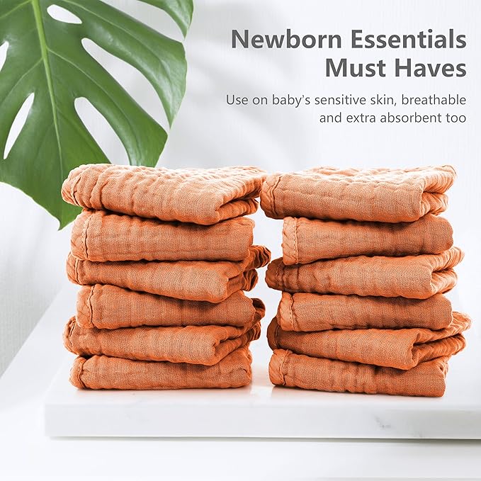 SWEET DOLPHIN 12 Pack Muslin Burp Cloths Large 100% Cotton Hand Washcloths for Baby - Baby Essentials Extra Absorbent and Soft Boys & Girls Milk Spit Up Rags for Newborn Registry - Vermilion, 20" X10"