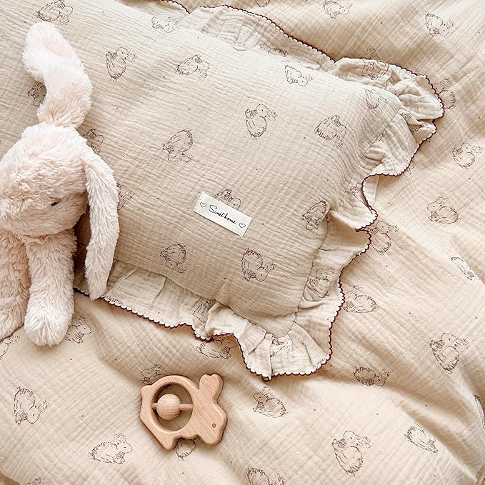 AOJIM Cute Rabbit Muslin Cotton Kids Toddler Pillowcase for Boys Girls Super Soft Baby Crib Bedding Pillowcase with Ruffle Edges Machine Washable Nursery Pillowcase, Durable Kids Pillow Cover, 14x20''