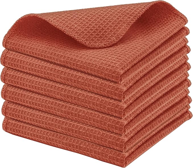 PurpleEssences Rust Dish Cloths and Dish Rags - 6 Pack Waffle Weave Solid Kitchen Dish Wash Cloths, 100% Cotton, 12 x 12 Inches, Ultra Soft Absorbent Quick Drying - Fall Thanksgiving - Rust