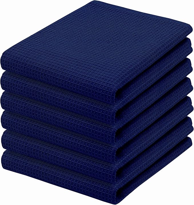 PurpleEssences Waffle Weave Kitchen Towel, 100% Cotton - 15 x 25 Inches, with Hanging Loop Ultra Soft Absorbent Quick Drying Dish Cloth, Tea and Hand Towels, 6 Pack - Fall Thanksgiving - Navy Blue