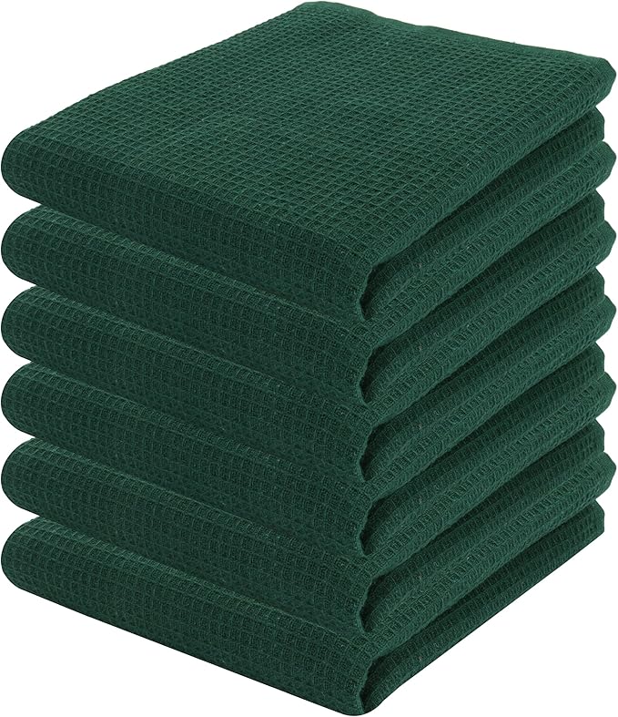 PurpleEssences Waffle Weave Kitchen Towel, 100% Cotton - 15 x 25 Inches, with Hanging Loop Ultra Soft Absorbent Quick Drying Dish Cloth, Tea and Hand Towels, 6 Pack - Fall Thanksgiving - Green
