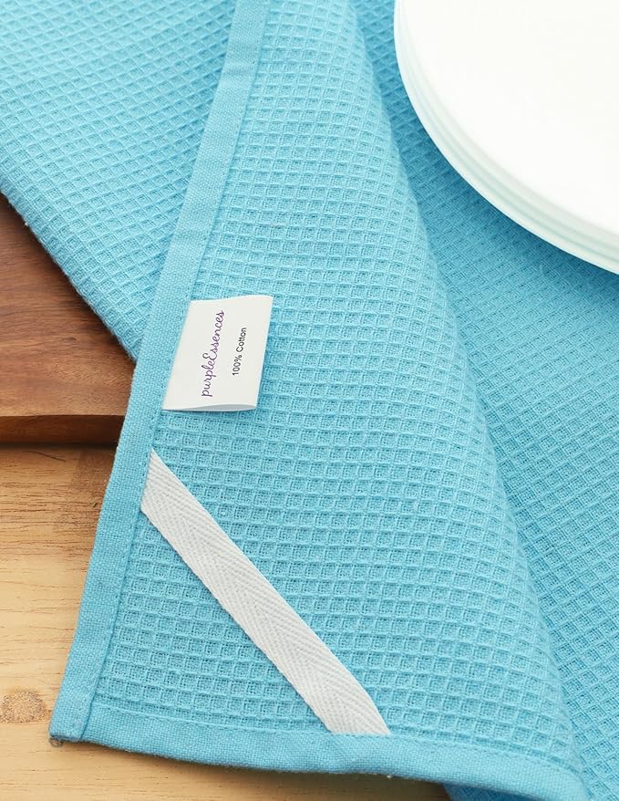 PurpleEssences Waffle Weave Kitchen Towel, 100% Cotton - 15 x 25 Inches, with Hanging Loop Ultra Soft Absorbent Quick Drying Dish Cloth, Tea and Hand Towels, 4 Pack -Fall Thanksgiving - Aqua Blue