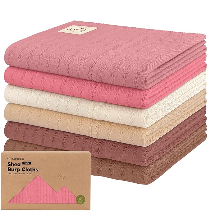 KeaBabies Organic Cotton Burp Cloths Baby Girl, Boy - 6-Pack Large Burping Clothes for Babies, Spit Up Rags, Super Soft & Absorbent Newborn Wash Towels, Gender Neutral, Non-Shrink (Stria, Rosewood)