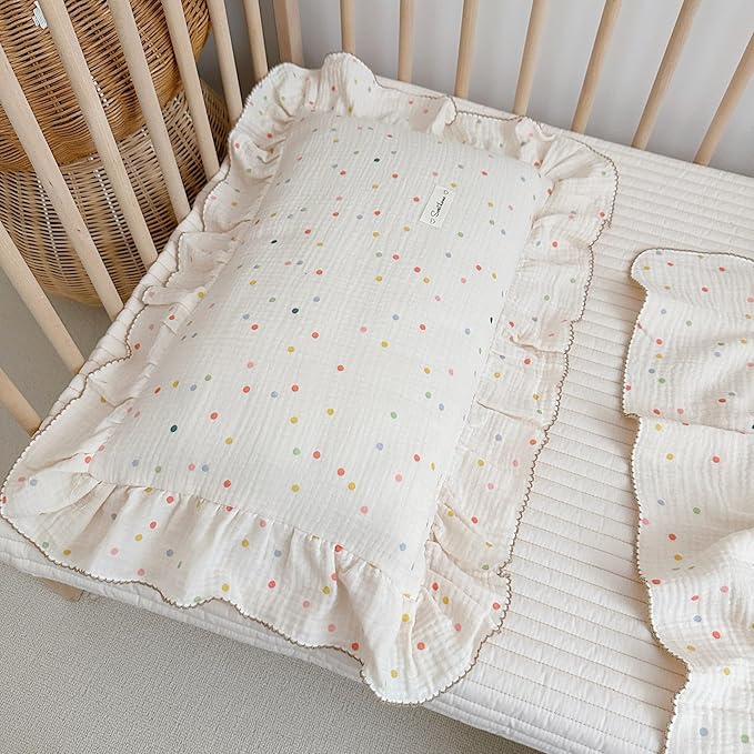 AOJIM Kids Toddler Pillowcase 1 Piece Super Soft Muslin Cotton Bedding Pillowcase with Colorful Beans Pattern, Ruffle Edges Nursery Pillowcase Durable Kids Pillow Cover, Machine Washable 14x20 Inches