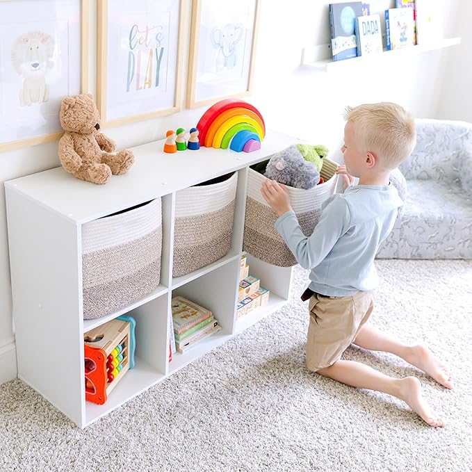 NaturalCozy 13 Inch Cube Storage Bins Cotton Rope Woven Baskets for Organizing 3-Pack | 13 x 13 Storage Cubes | Fabric Square Storage Baskets for Shelves Organizer, Kids Toy Bins, Closet Baby Nursery