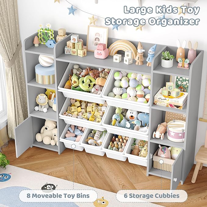 FOTOSOK 55''Large Toy Storage Organizer with 8 Toy Bins, Toy Organizers and Storage with Shelf and 6 Storage Cubbies, Bookshelf for Kids, Playroom Organization and Storage Bins, Grey