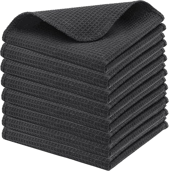 PurpleEssences Dish Cloths and Dish Rags - 8 Pack Waffle Weave Solid Kitchen Dish Wash Cloths, 100% Cotton, 12 x 12 Inches, Ultra Soft Absorbent Quick Drying - Fall Thanksgiving - Dark Grey