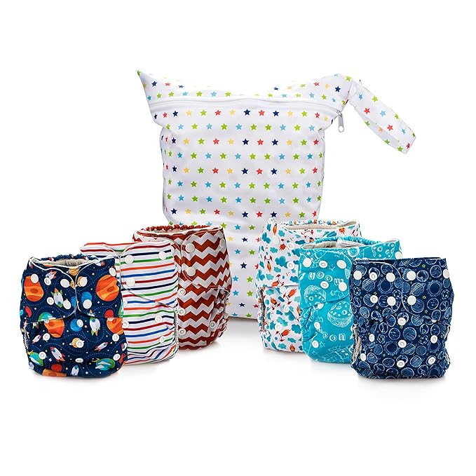 Simple Being Reusable Cloth Diapers, Double Gusset, One Size Adjustable, Washable Soft Absorbent, Waterproof Cover, Eco-Friendly Unisex Baby Girl Boy, six 4-Layers Microfiber Inserts (Space)
