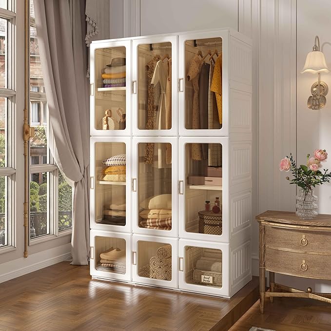 ANTBOX Portable Wardrobe Closet Storage Organizer for Clothes,Suitable for Living Room, Bedroom,Plastic Wardrobe with Magnetic Transparent Door and Easy Assembly 8 Cubes & 2 Hanging Rod