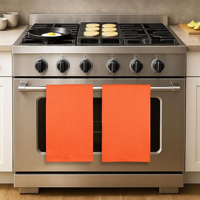 PurpleEssences Waffle Weave Kitchen Towel, 100% Cotton - 15 x 25 Inches, with Hanging Loop Ultra Soft Absorbent Quick Drying Dish Cloth, Tea and Hand Towels, 6 Pack - Fall Thanksgiving - Orange