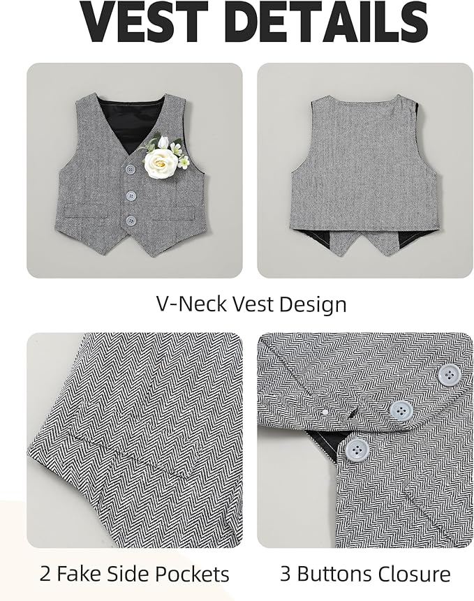 Coco&RARA Baby Boy Clothes Suits Infant Gentleman Outfits, Formal Dress Shirt+Vest+Corsage+tie+Pants Baby Suit Set 0-18M