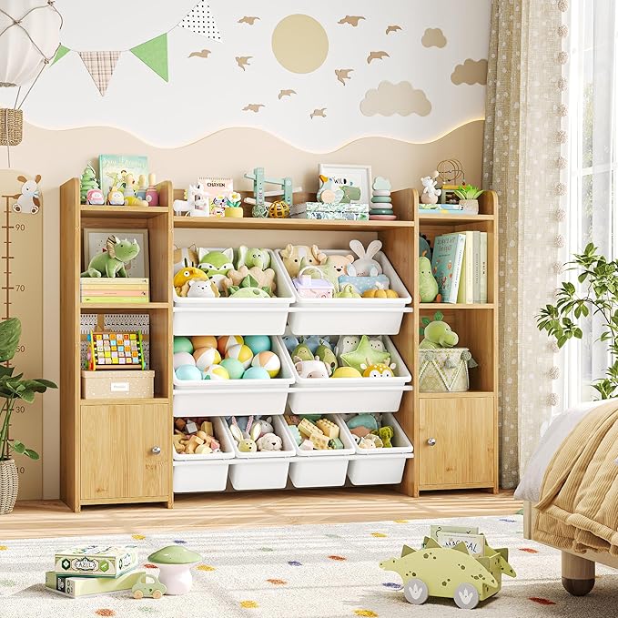 FOTOSOK 55''Large Toy Storage Organizer with 8 Toy Bins, Toy Organizers and Storage with Shelf and 6 Storage Cubbies, Bookshelf for Kids, Playroom Organization and Storage Bins, Natural