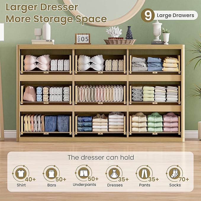 Fluted 9 Drawers Dresser, 57" Wide Dresser for Bedroom, Modern Chest of Drawers with Curved Profile, Handleless, Wood Large Dressers TV Stand with Organizer Storage, Living Room, Natural