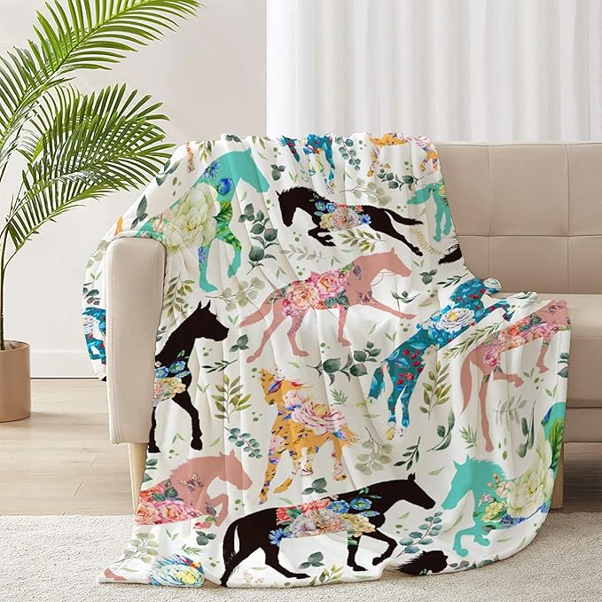Colorful Floral Horse Blanket for Adults,Flowers Animals Throw Blanket for Girls Boys Lightweight Cute Horse Soft Cozy Flannel Blanket for Kids 90 * 120 Inches