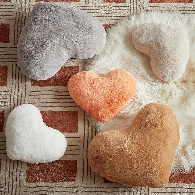 EastTree Heart Pillows, Khaki Heart Shaped Pillows, Love Throw Pillows Gifts, Ultra Soft Faux Rabbit Fur Small Cute Pillows, Women Girls Kid Room Decor 10x13 Inch