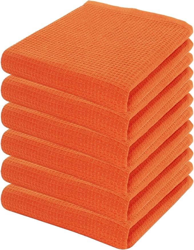 PurpleEssences Waffle Weave Kitchen Towel, 100% Cotton - 15 x 25 Inches, with Hanging Loop Ultra Soft Absorbent Quick Drying Dish Cloth, Tea and Hand Towels, 6 Pack - Fall Thanksgiving - Orange
