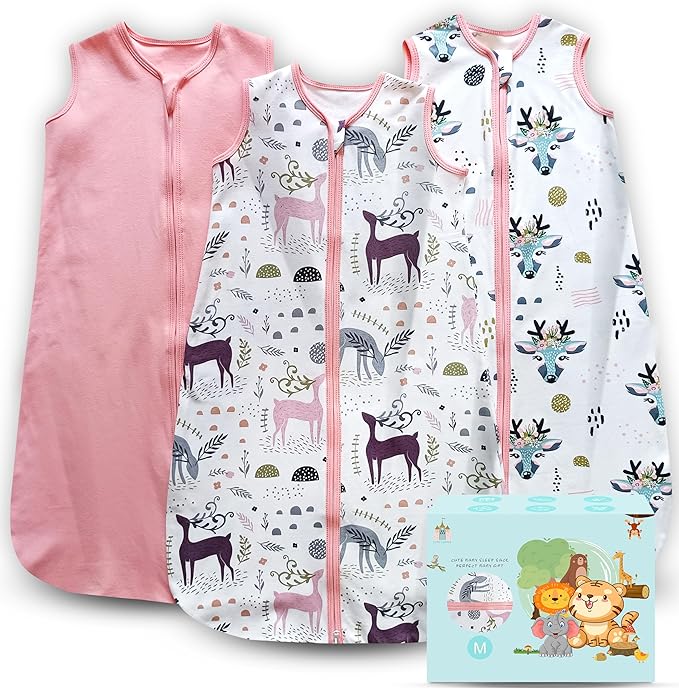 Cute Castle Baby Sleep Sack 6-12 Months - Lightweight 100% Cotton 2-Way Zipper TOG 0.5 Infant Wearable Blanket, Newborn Essentials Toddler Sleep Clothes (3 Pack Pink)