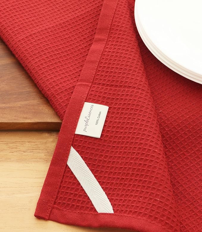 PurpleEssences Waffle Weave Kitchen Towel, 100% Cotton - 15 x 25 Inches, with Hanging Loop Ultra Soft Absorbent Quick Drying Dish Cloth, Tea and Hand Towels, 6 Pack - Fall Thanksgiving - Red