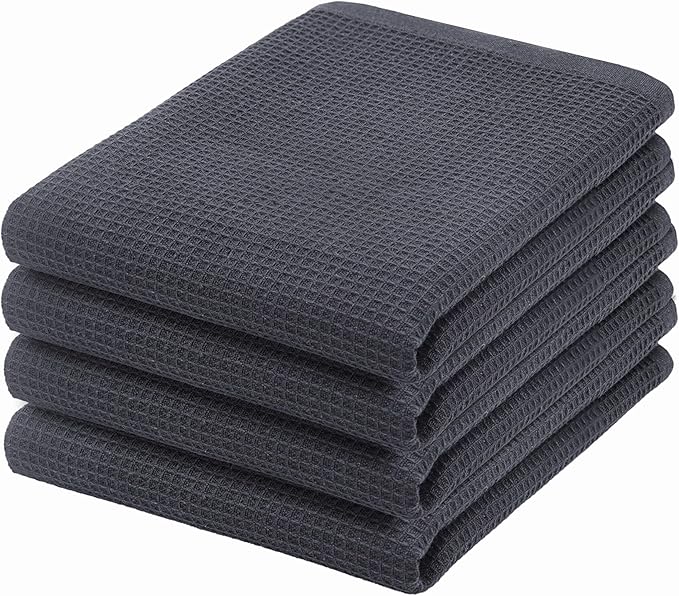 PurpleEssences Waffle Weave Kitchen Towel, 100% Cotton - 15 x 25 Inches, with Hanging Loop Ultra Soft Absorbent Quick Drying Dish Cloth, Tea and Hand Towels, 4 Pack - Fall Thanksgiving - Dark Grey
