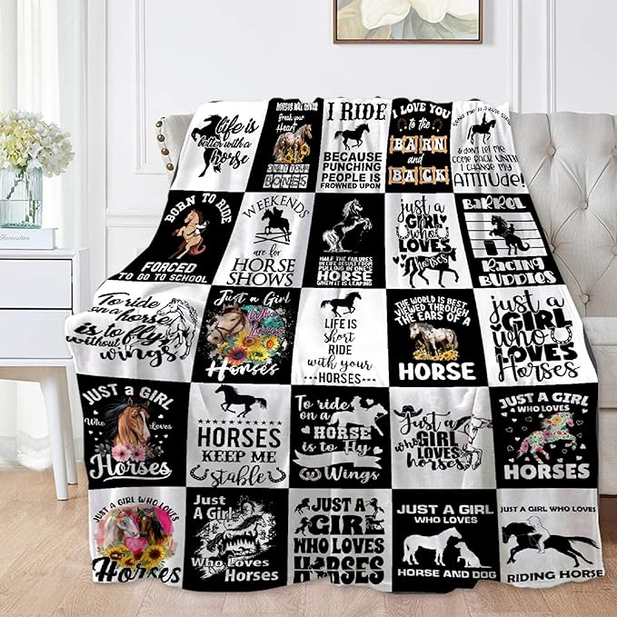 Horse Blanket for Boys Girls, Black White Kids Throw Blanket Gift for Child, Fluffy Cozy Soft Lightweight Blankets for Bed Office, 40x50 Inches