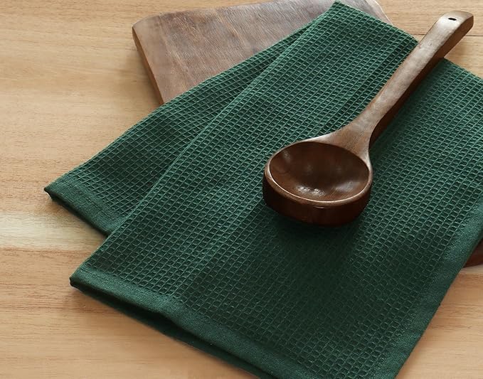 PurpleEssences Waffle Weave Kitchen Towel, 100% Cotton - 15 x 25 Inches, with Hanging Loop Ultra Soft Absorbent Quick Drying Dish Cloth, Tea and Hand Towels, 6 Pack - Fall Thanksgiving - Green