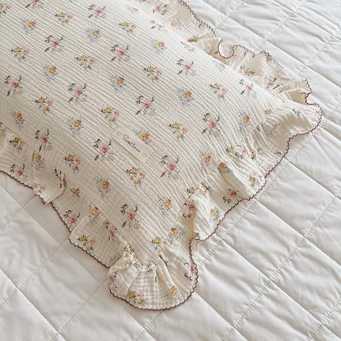 BuLuTu Cotton Muslin Kids Toddler Pillowcase with Cute Azalea Flowers Pattern Super Soft Crib Nursery Pillowcase for Boys,Girls,Bedding Decor Machine Washable, Durable Pillowcase,1 Piece,Standard