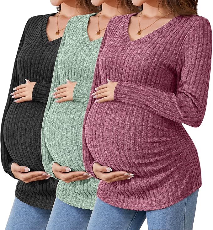 Ficerd 3 Pack Women's Maternity Shirts Ribbed Long Sleeve Pregnancy Tops V Neck Knit Side Ruched Pregnant Clothes Sweater