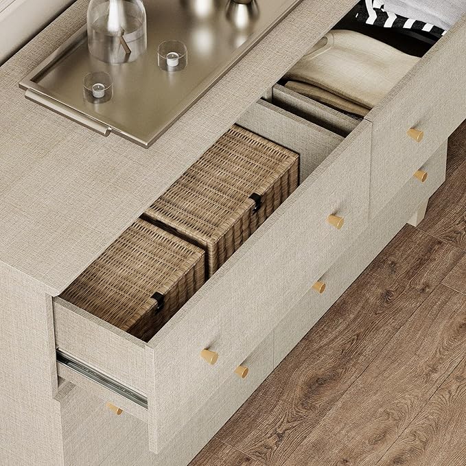 WAMPAT Dresser with 2 Doors & 8 Drawers for Bedroom, 2-in-1 Wood Chest of Drawers, 94.4" Wide Modern Closet Storage Organizer with Adjustable Shelves for Kids Room, Beige Linen Printed Finish