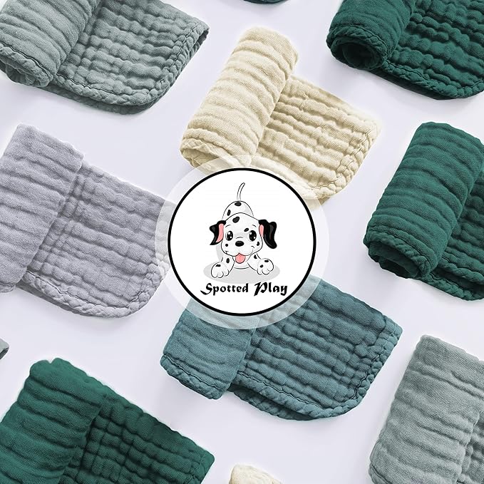 Muslin Burp Cloths 100% Cotton Large 20''x10'' Extra Soft and Absorbent Baby Wash Cloths Spit Up Rags - Baby Burping Cloth for Boys Girls Items(12 Pack Ivory, Slate and Emerald Series)