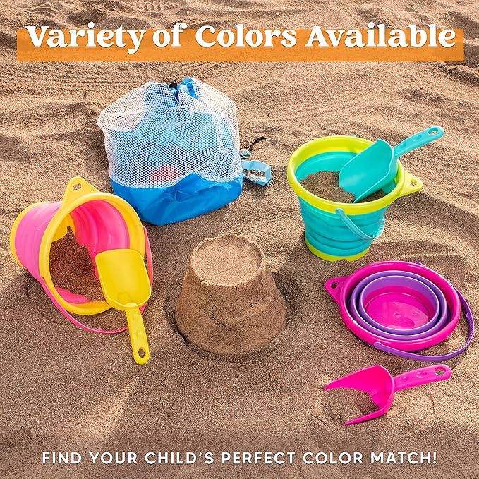 JOYIN Foldable Beach Bucket Set - 3 Packs Collapsible Toy Buckets with Shovels and Mesh Backpack for Kids Toddlers Party, Camping Gear, Travelling, Fishing Water Pail (Pink/Purple/Green)